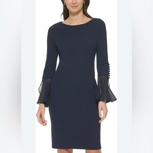 Calvin Klein Navy Dress with Sheer Sleeves